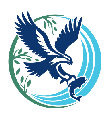 Logo of a seahawk grasping a fish surrounded by water and plants